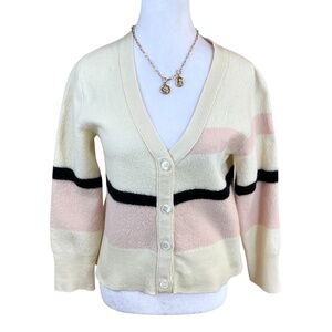 Enza Costa Cardigan Sweater Wool Cream Stripe (M)